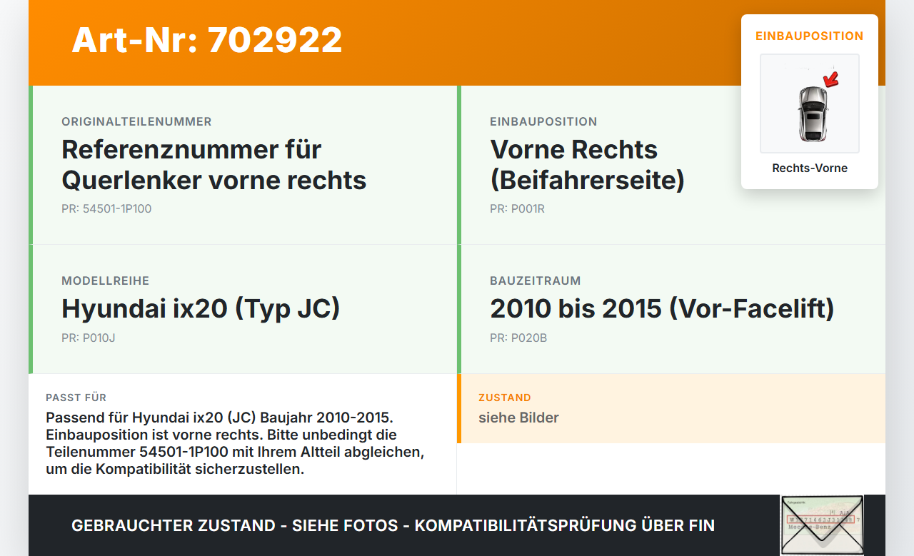 Hyundai IX20 JC 10-15 Querlenker Rechts Vorne Hyundai IX20 JC 10-15 22.09.2011 54501-1P100 gebraucht Vorschau 3