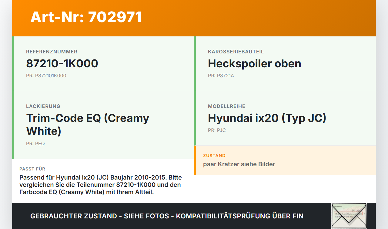 Hyundai IX20 JC 10-15 Spoiler für Heckklappe Hyundai IX20 JC 10-15 03.10.2011 87210-1K000 gebraucht Vorschau 3
