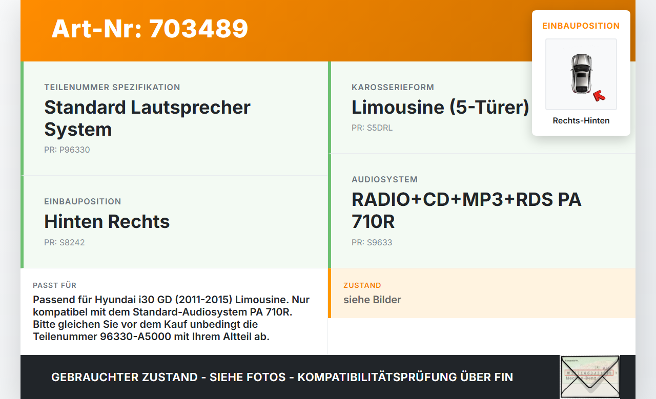 Hyundai I30 GD 11-15 Lim Lautsprecher Rechts Hinten Hyundai I30 GD 11-15 21.03.2012 96330-A5000 gebraucht Vorschau 3