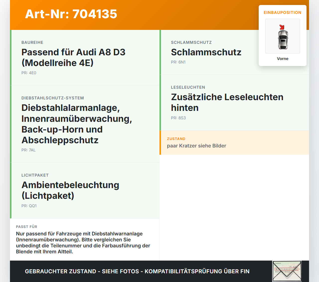 Audi A8 4E D3 02-05 Innenleuchte Innenraumleuchte Vorne Innenraumüberwachung Modul Audi A8 4E D3 02-05 21.05.2004... Vorschau 3