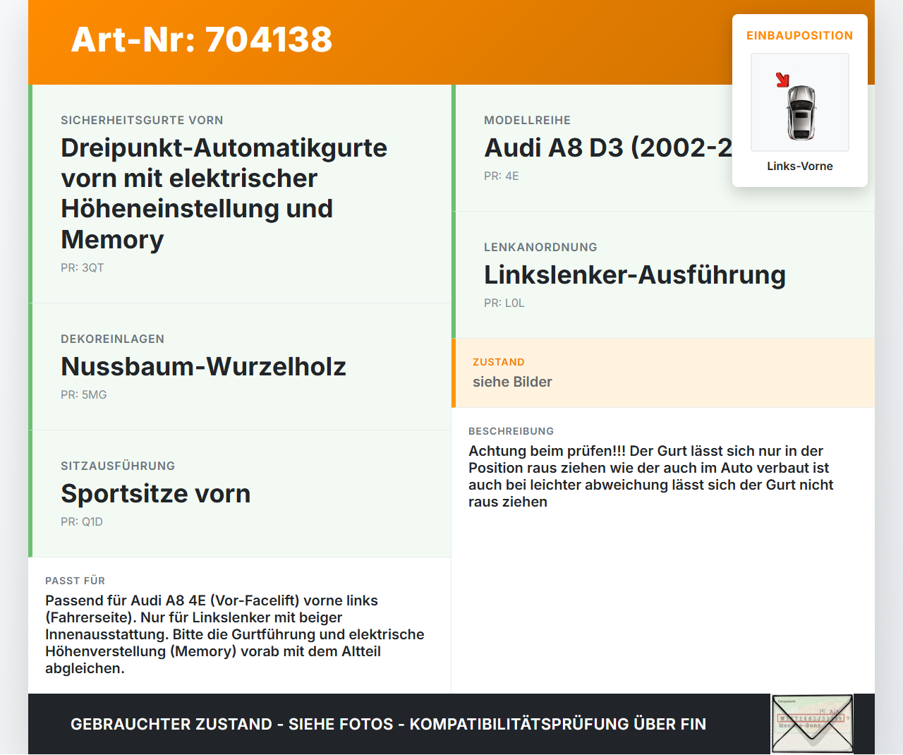 Audi A8 4E D3 02-05 Gurt Sicherheitsgurt m. Gurtstraffer Fahrer Links Vorne Beige Audi A8 4E D3 02-05 21.05.2004... Vorschau 3