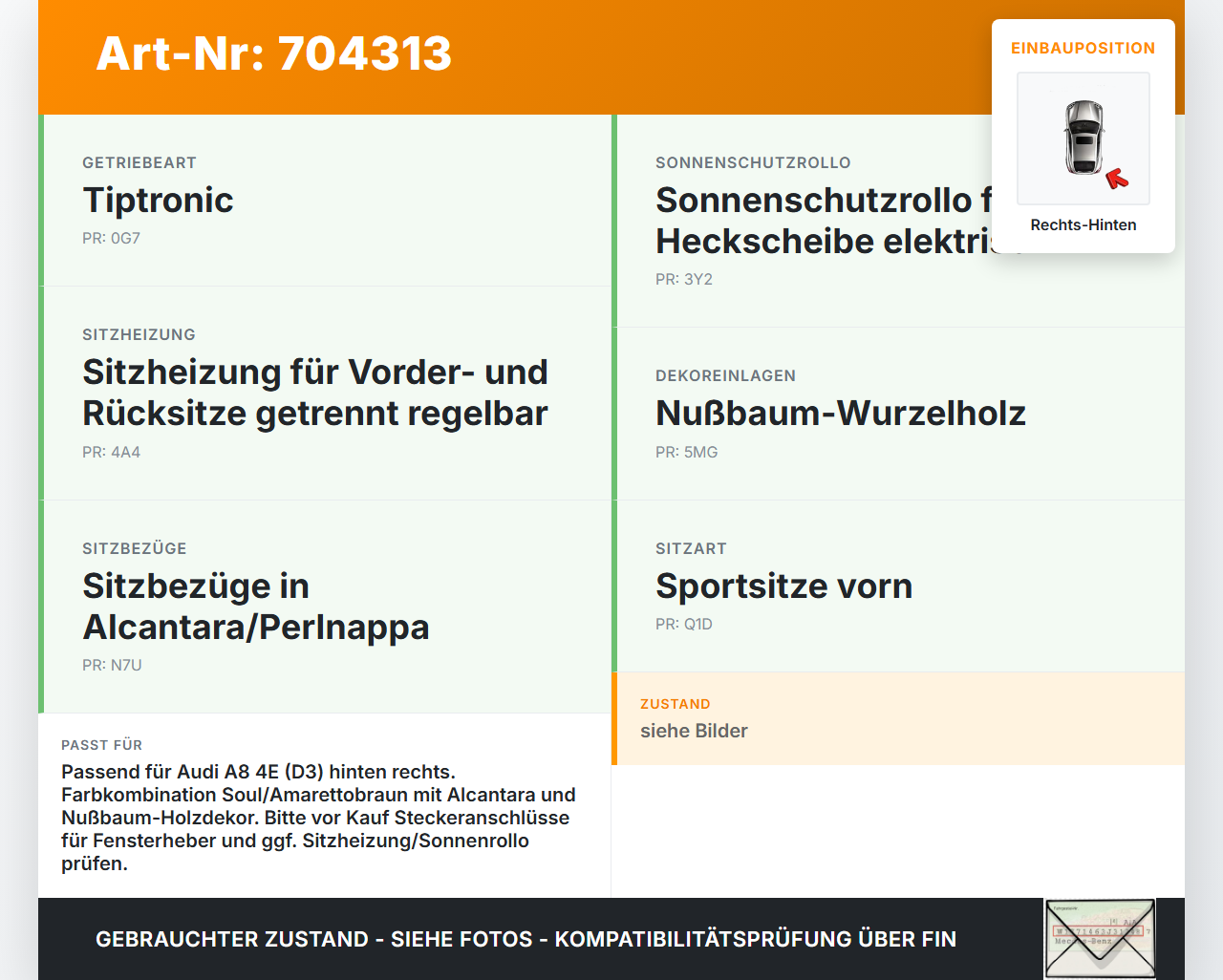 Audi A8 4E D3 02-05 Türverkleidung Türpappe Rechts Hinten Alcantara Amarettobraun Soul Audi A8 4E D3 02-05... Vorschau 3