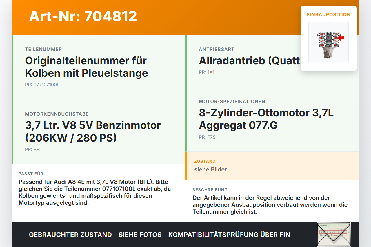 Audi A8 4E D3 02-05 3,7 206KW BFL Kolben mit Pleuel Pos F Audi A8 4E D3 02-05 21.05.2004 077107100L gebraucht Vorschau 3