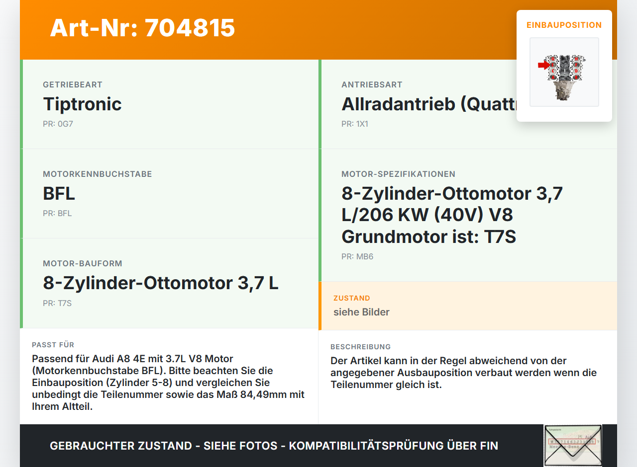 Audi A8 4E D3 02-05 3,7 206KW BFL Kolben mit Pleuel Pos E 5-8 84,49 Audi A8 4E D3 02-05 21.05.2004 077107099E gebraucht Vorschau 3
