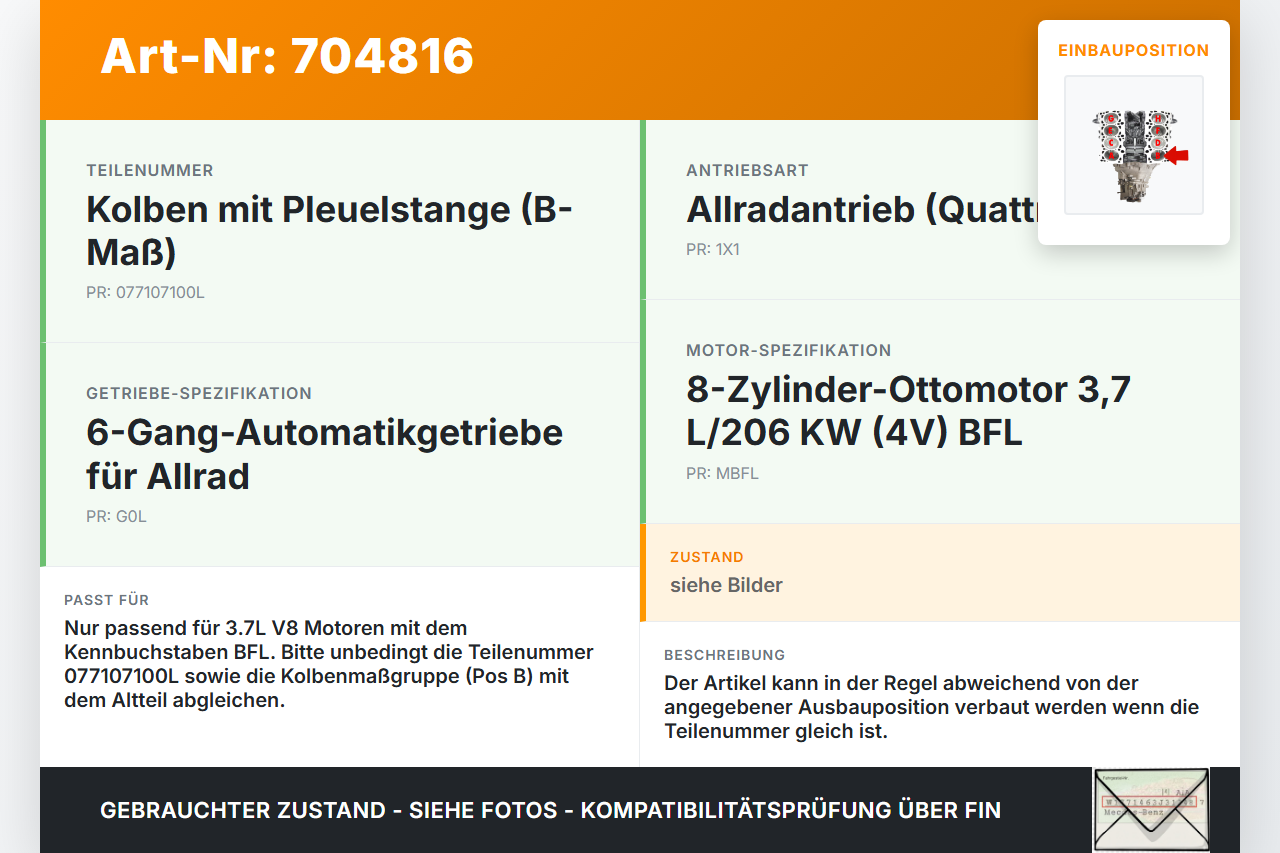 Audi A8 4E D3 02-05 3,7 206KW BFL Kolben mit Pleuel Pos B Audi A8 4E D3 02-05 21.05.2004 077107100L gebraucht Vorschau 3