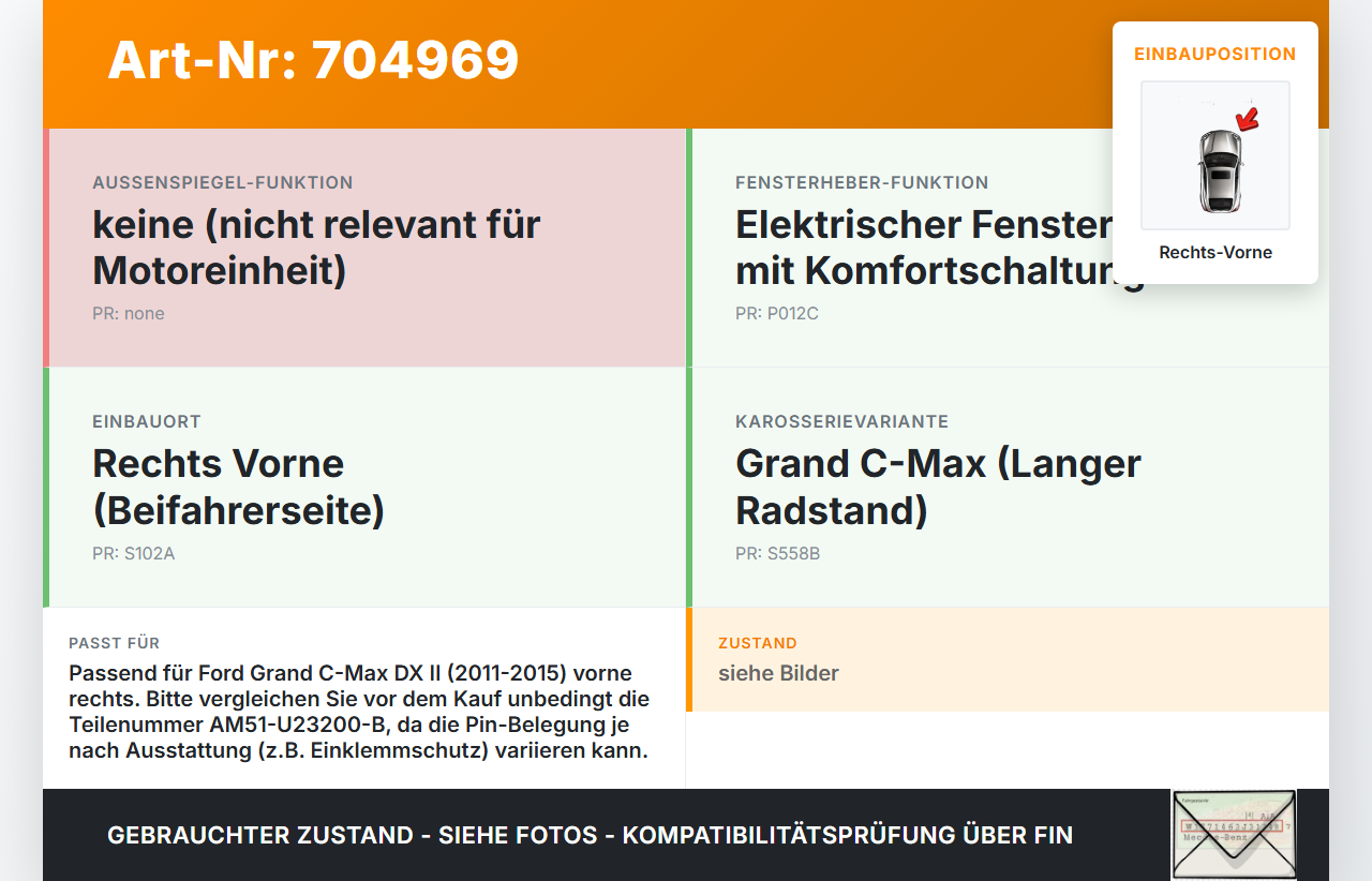 Ford Grand C-Max DX II 11-15 Grand Fensterhebermotor mit Fensterheber Rechts Vorne Ford Grand C-Max DX II 11-15... Vorschau 3