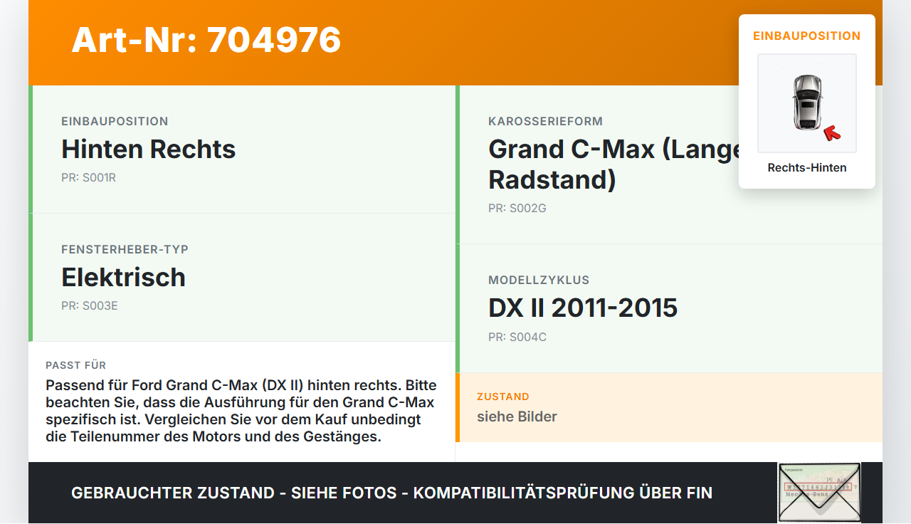 Ford Grand C-Max DX II 11-15 Grand Fensterhebermotor mit Fensterheber Rechts Hinten Ford Grand C-Max DX II 11-15... Vorschau 3