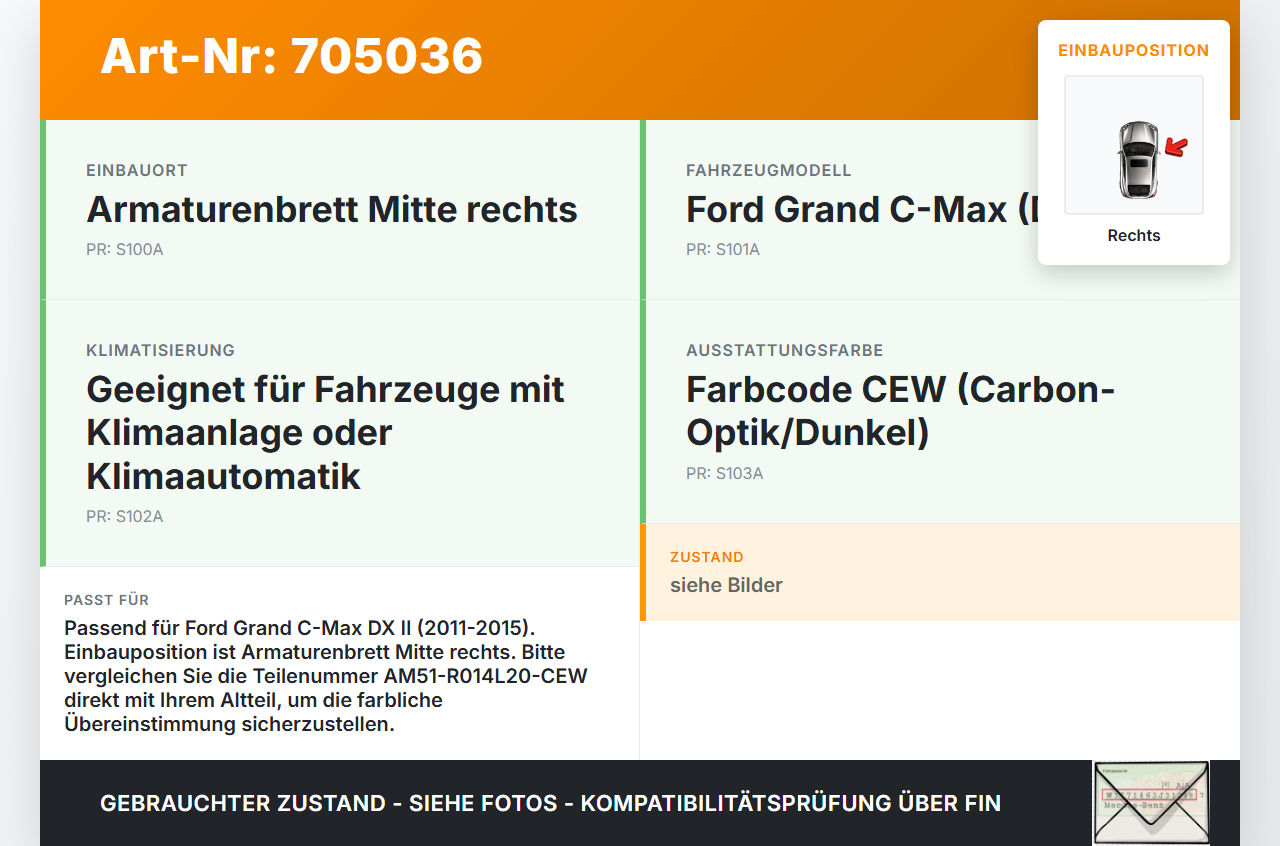 Ford Grand C-Max DX II 11-15 Luftdusche Luftdüse Rechts Mitte Ford Grand C-Max DX II 11-15 03.09.2012... Vorschau 3