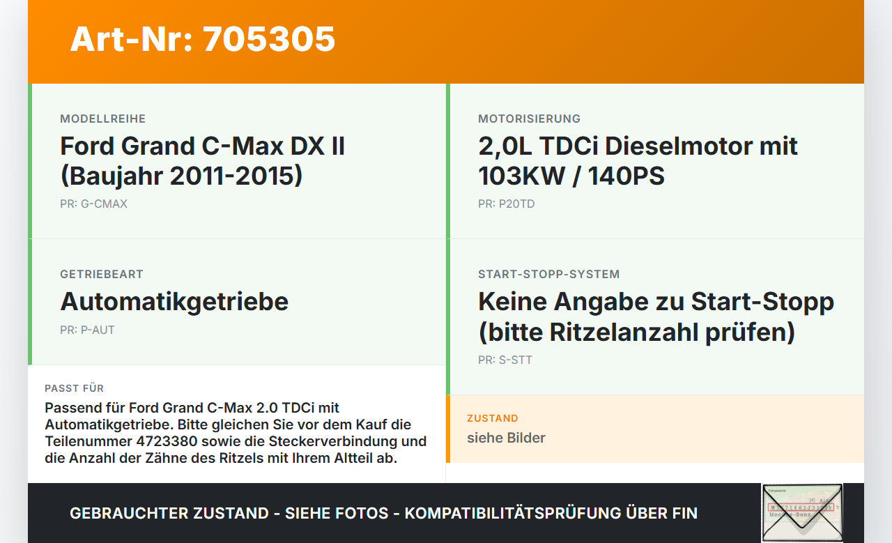 Ford Grand C-Max DX II 11-15 TDCi 2,0 103KW Autom Anlasser Starter Ford Grand C-Max DX II 11-15 03.09.2012 4723380... Vorschau 3