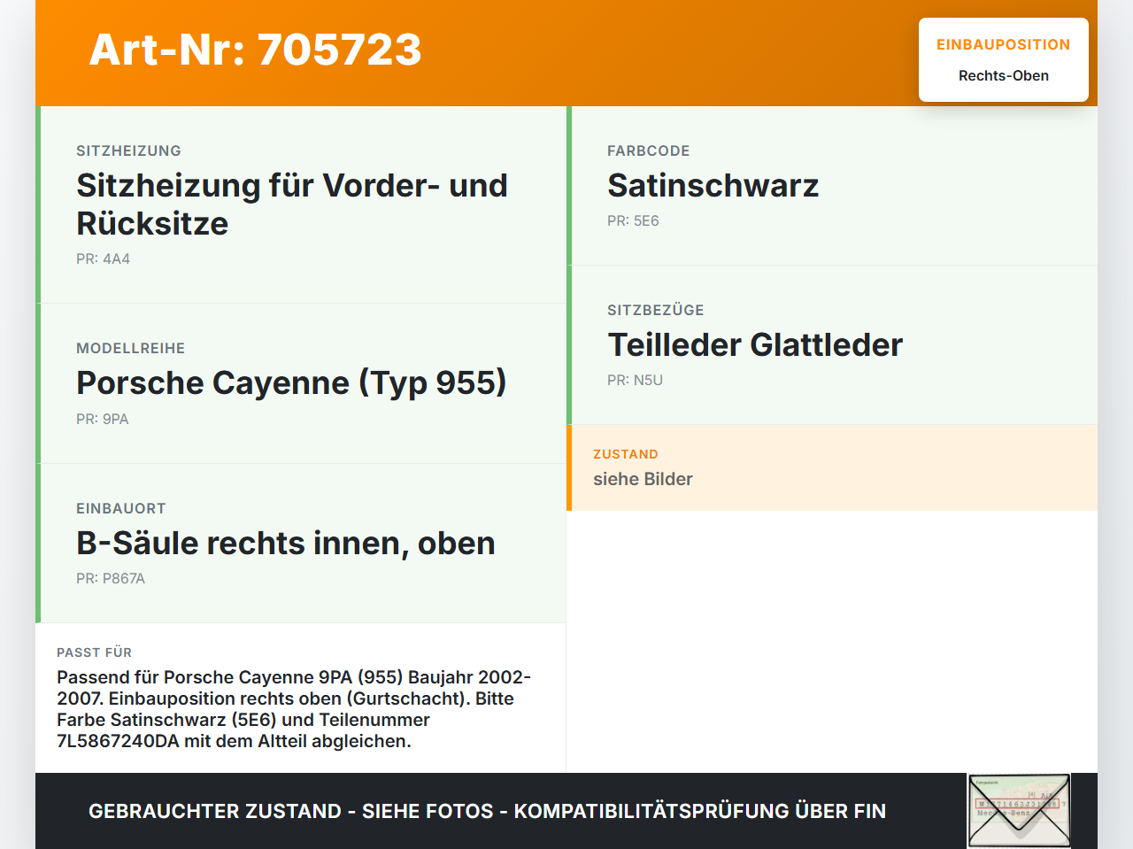 Porsche Cayenne 9PA 955 02-07 Verkleidung für B-Säule Rechts innen Oben Gurtschachtabdeckung Satinschwarz 5E6... Vorschau 3