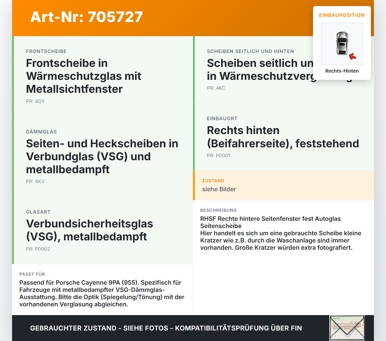 Porsche Cayenne 9PA 955 02-07 RH Fest Seitenscheibe Scheibe Rechts Hinten metallbedampft Porsche Cayenne 9PA 955... Vorschau 3