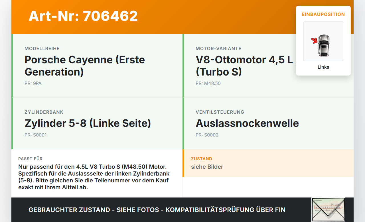Porsche Cayenne 9PA 955 02-07 4,5 331KW M48.50 Nockenwelle Auslass Links 5-8 Porsche Cayenne 9PA 955 02-07... Vorschau 3