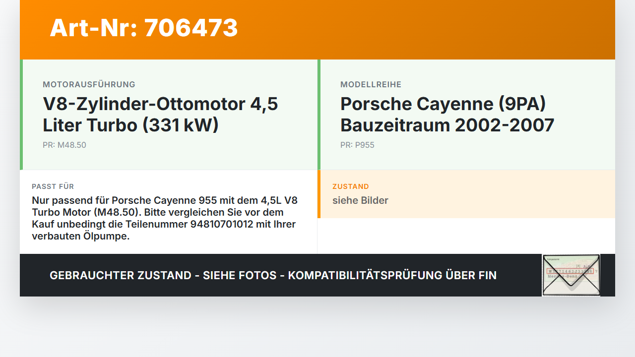 Porsche Cayenne 9PA 955 02-07 4,5 331KW M48.50 Ölpumpe Porsche Cayenne 9PA 955 02-07 07.06.2006 94810701012... Vorschau 3