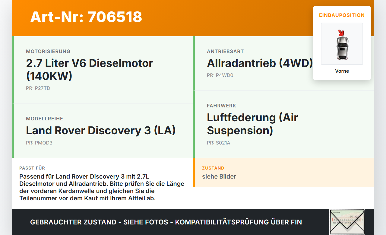 Land Rover Discovery 3 LA 2,7 140KW Kardanwelle Vorne Land Rover Discovery 3 LA 14.06.2006 gebraucht Vorschau 3