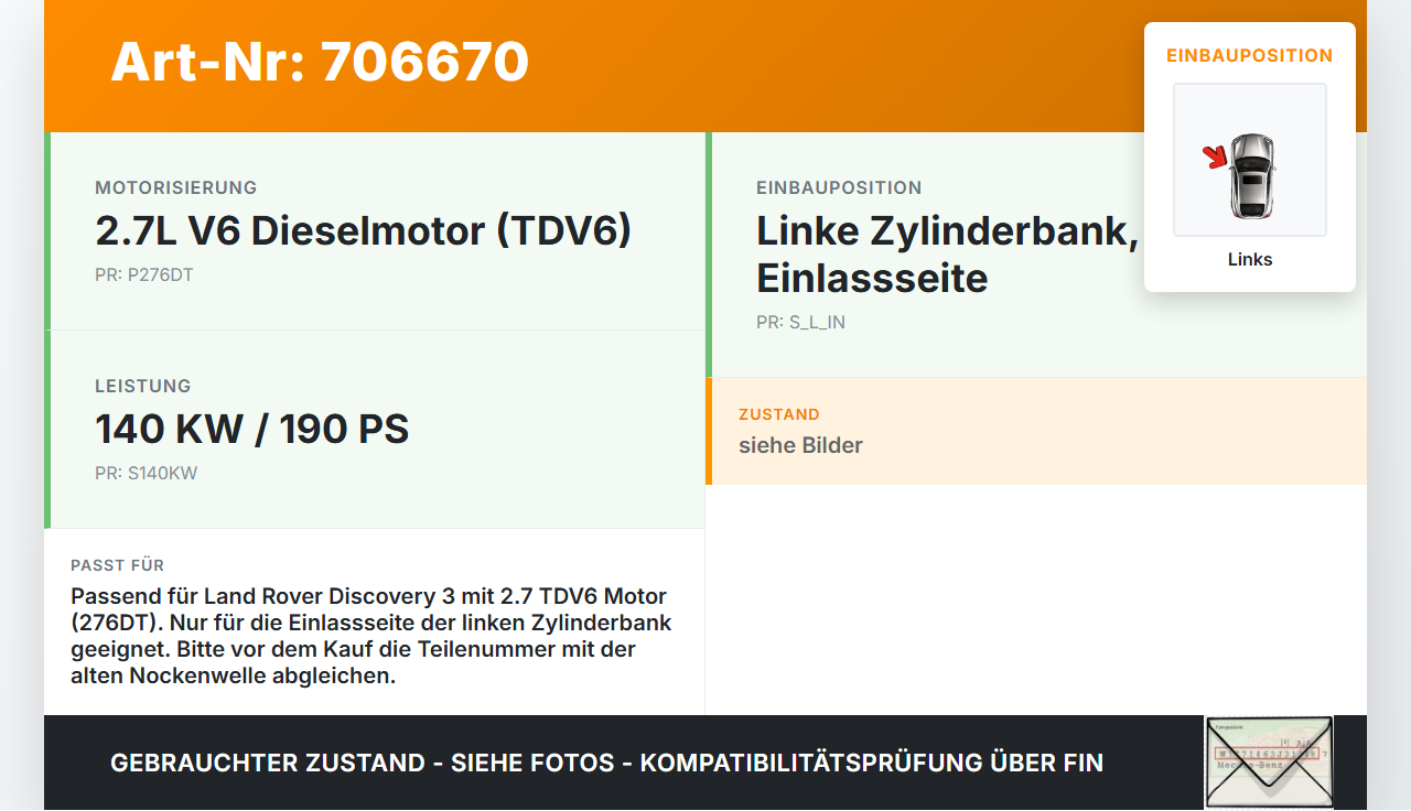 Land Rover Discovery 3 LA 2,7 140KW 276DT Nockenwelle Links Einlass Land Rover Discovery 3 LA 14.06.2006... Vorschau 3