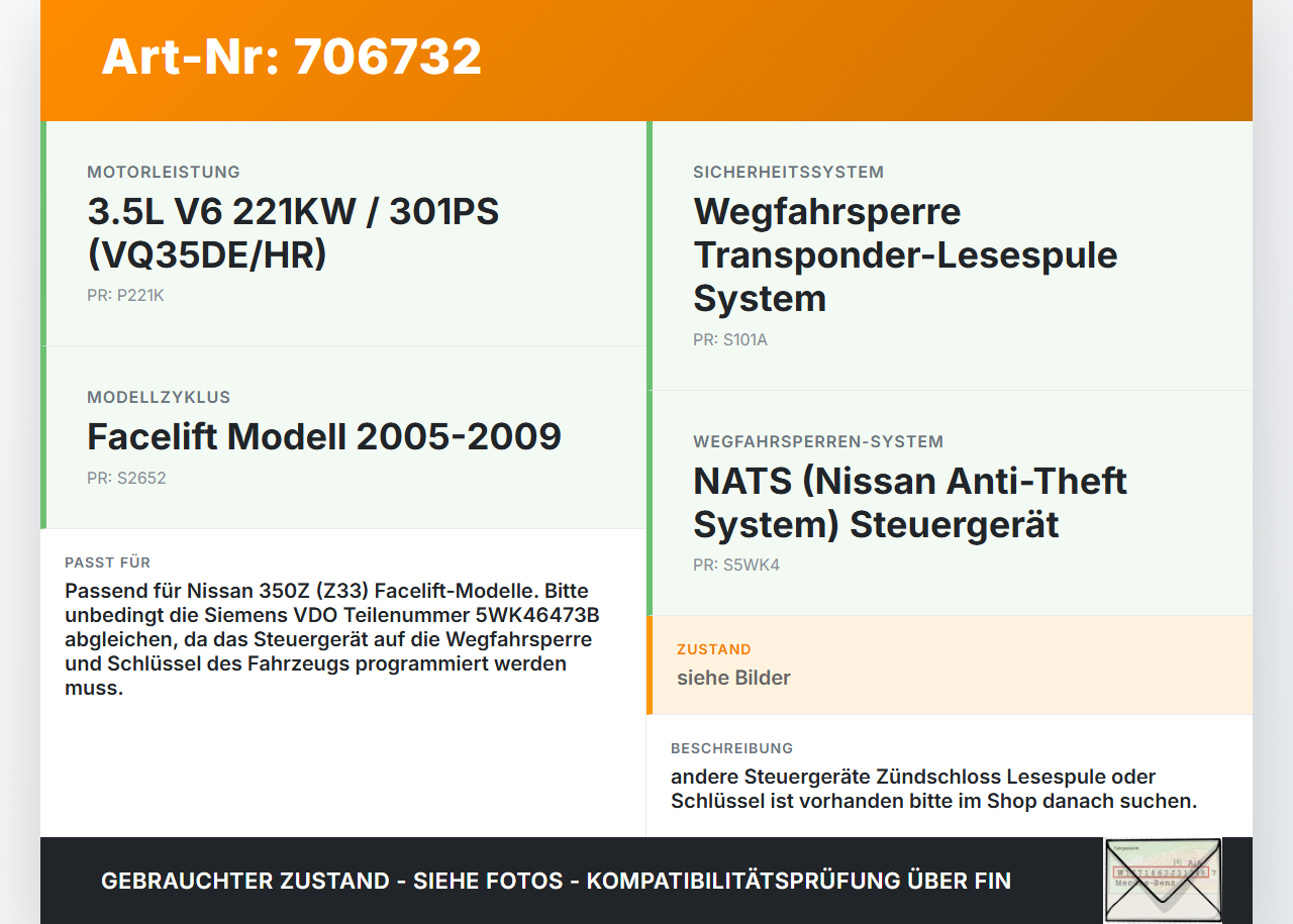 Nissan 350Z Z33 05-09 3,5 221KW Wegfahrsperre ECU Steuergerät Nissan 350Z Z33 05-09 02.11.2006 28596-CC000... Vorschau 3