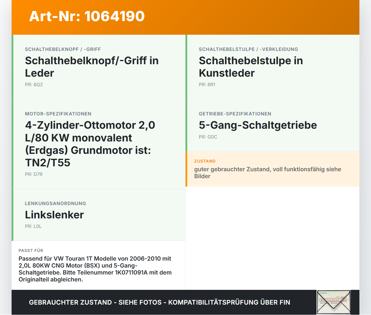 VW Touran 1T 06-10 CNG 2,0 80KW Schaltkulisse Schalthebel VW Touran 1T 06-10 06.08.2007 1K0711091A gebraucht Vorschau 3