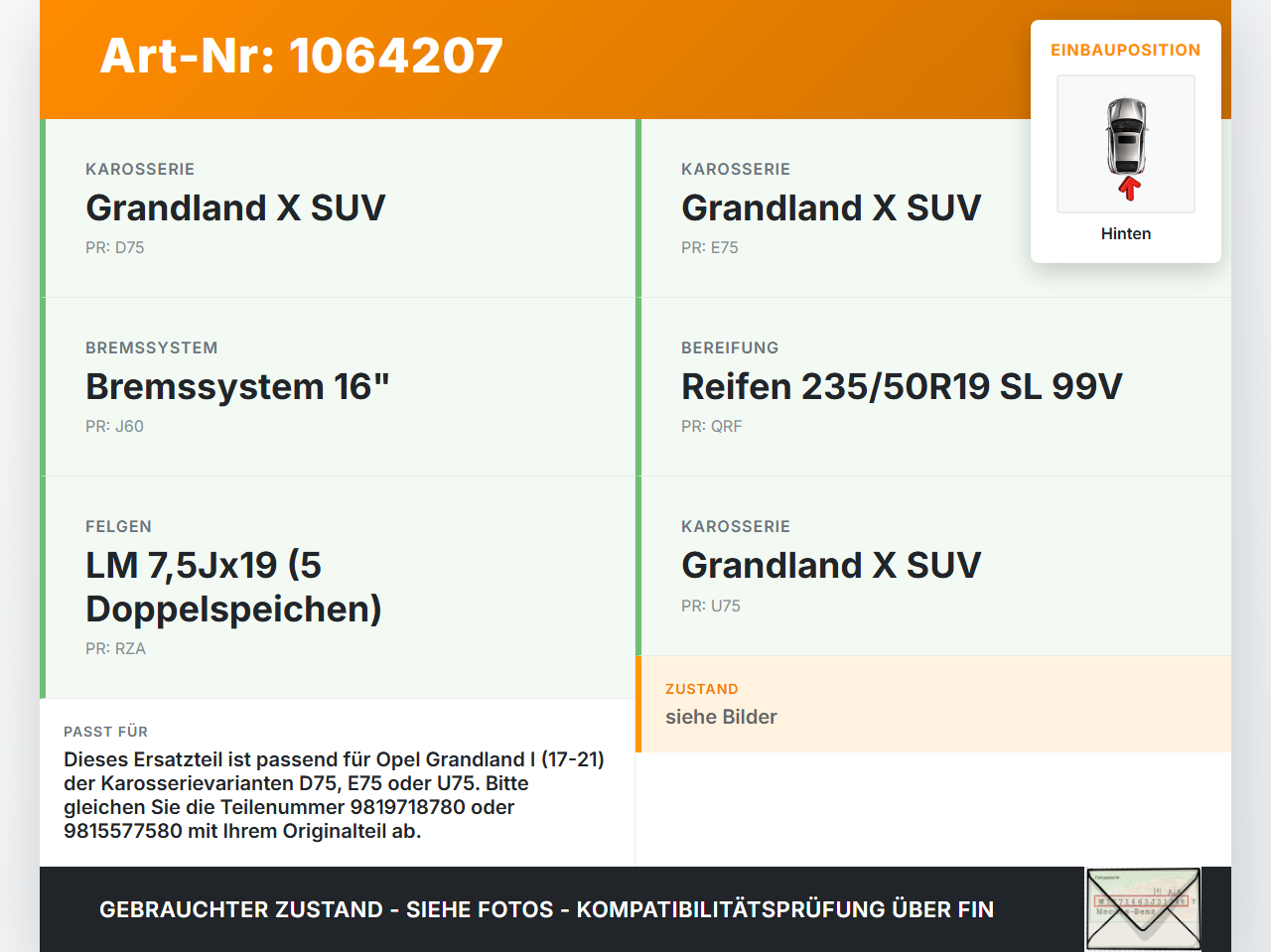 Opel Grandland I 17-21 Beide Feder Federn Hinten Opel Grandland I 17-21 29.03.2018 9819718780 9815577580 gebraucht Vorschau 3
