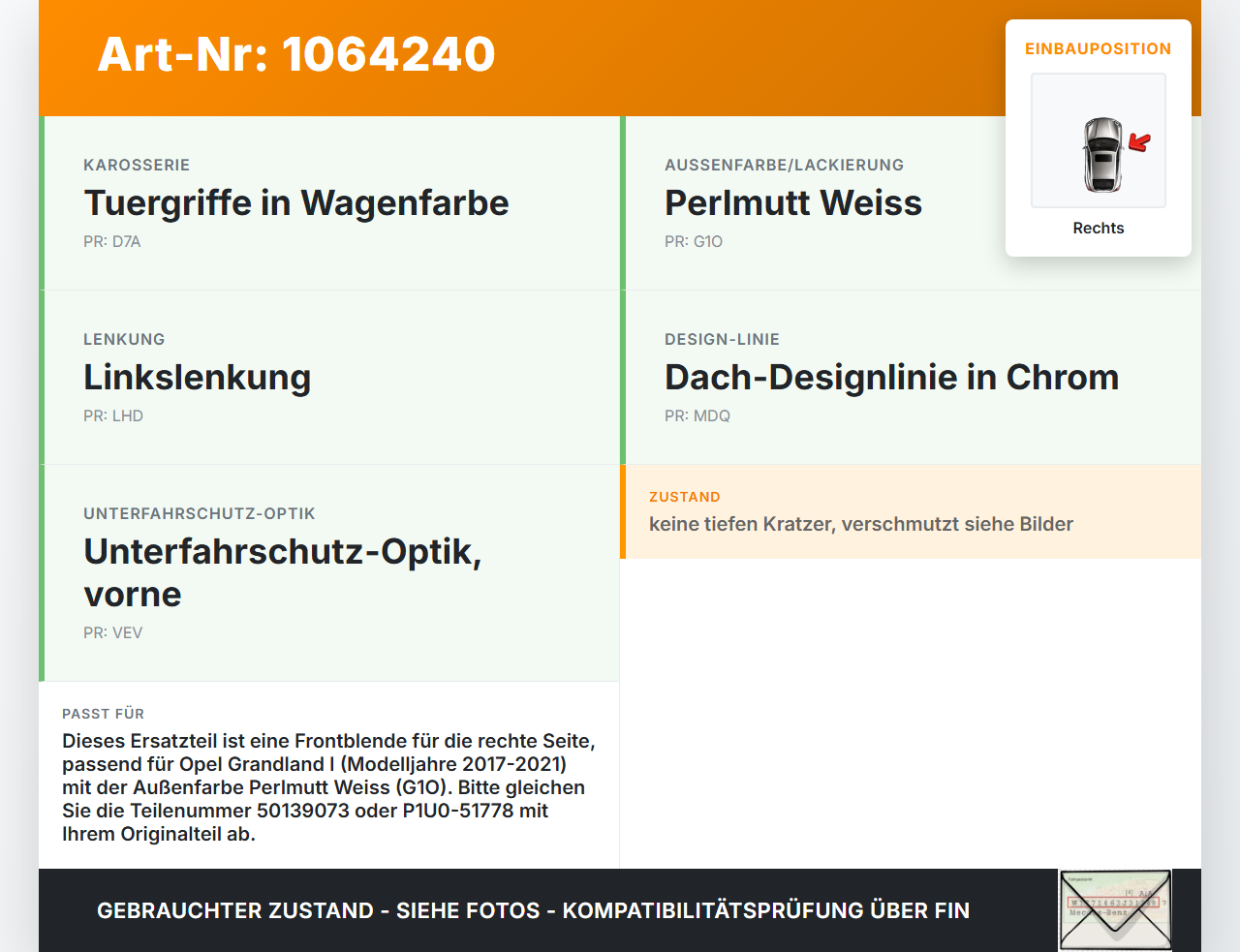 Opel Grandland I 17-21 Frontblende Frontleiste Rechts Opel Grandland I 17-21 29.03.2018 50139073 P1U0-51778 gebraucht Vorschau 3