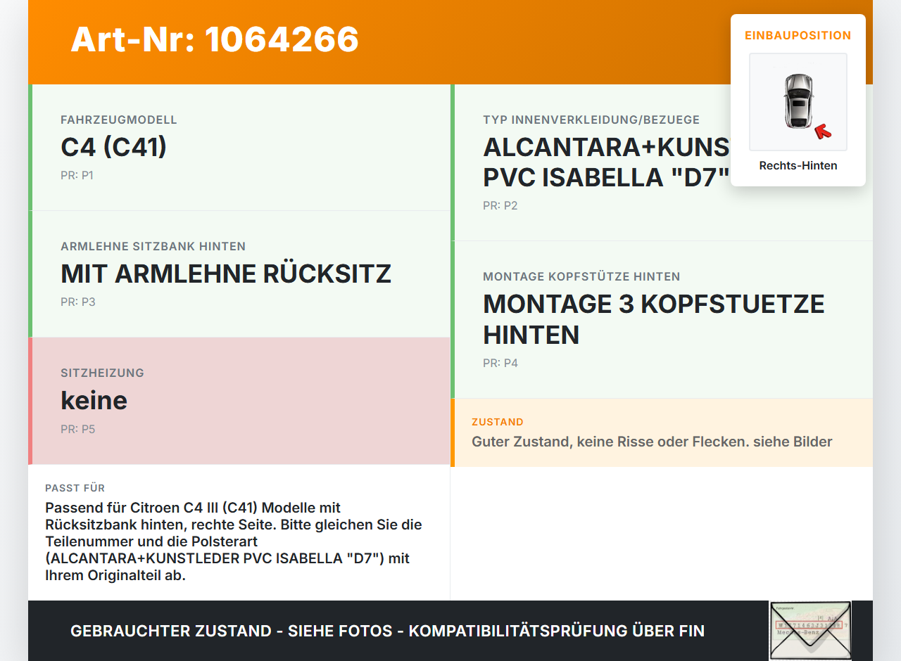 Citroen C4 III 20-24 SchräghLim Sitzbezug Rückenpolster Rechts für Rücksitzbank Hinten Citroen C4 III 20-24... Vorschau 3
