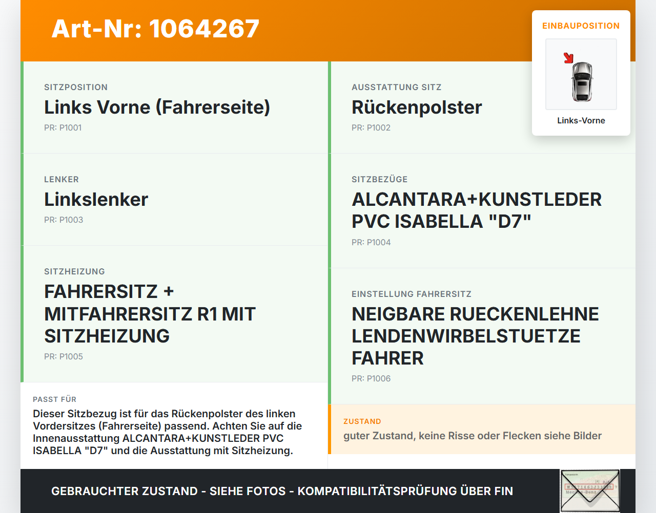 Citroen C4 III 20-24 SchräghLim Sitzbezug Rückenpolster Links Vorne für Fahrer Sitz beheizt Citroen C4 III 20-24... Vorschau 3