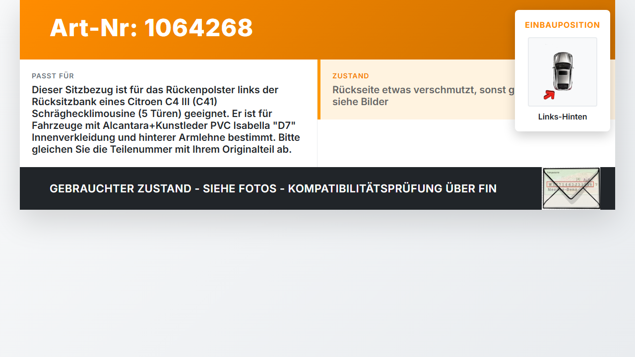 Citroen C4 III 20-24 SchräghLim Sitzbezug Rückenpolster Links für Rücksitzbank Hinten Citroen C4 III 20-24... Vorschau 3