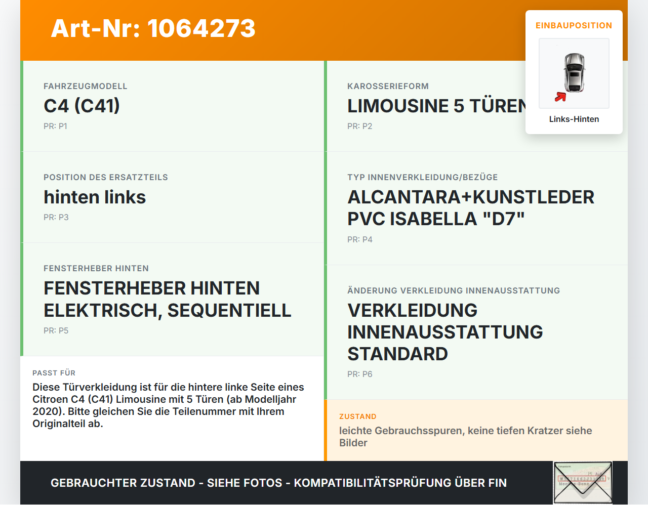 Citroen C4 III 20-24 SchräghLim Türverkleidung Türpappe Seitenverkleidung Links Hinten Citroen C4 III 20-24... Vorschau 3