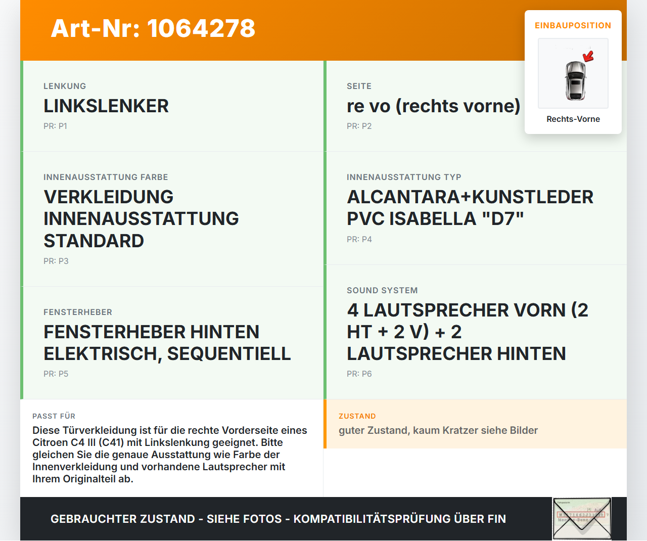 Citroen C4 III 20-24 SchräghLim Türverkleidung Türpappe Verkleidung Seitenteil Rechts Vorne Citroen C4 III 20-24... Vorschau 3