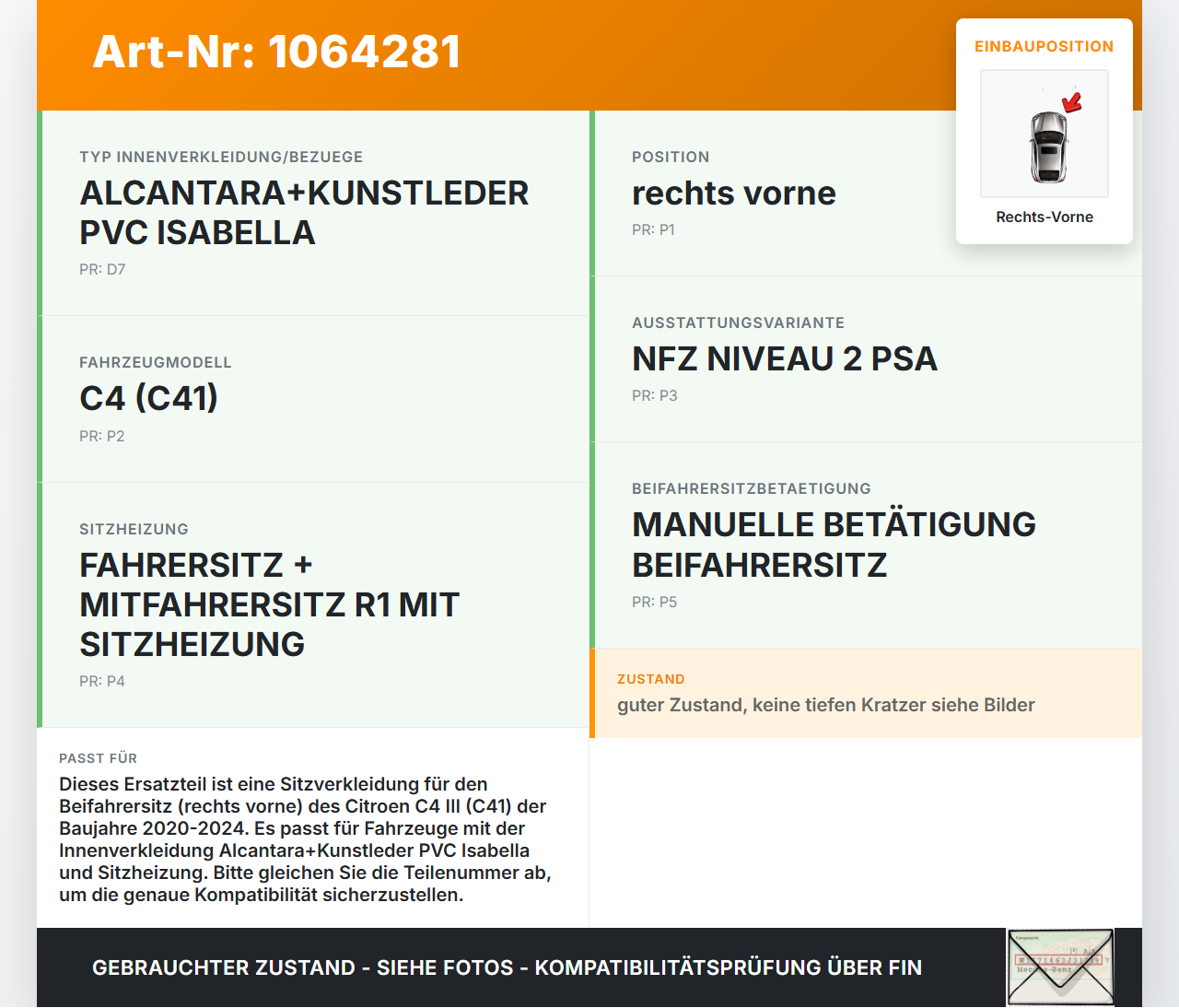 Citroen C4 III 20-24 Sitzverkleidung Verkleidung Sitz Abdeckung Rechts Vorne Citroen C4 III 20-24 26.09.2024... Vorschau 3