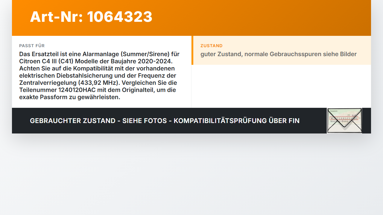 Citroen C4 III 20-24 Alarmanlage Alarm Summer Sirene Citroen C4 III 20-24 26.09.2024 1240120HAC gebraucht Vorschau 3