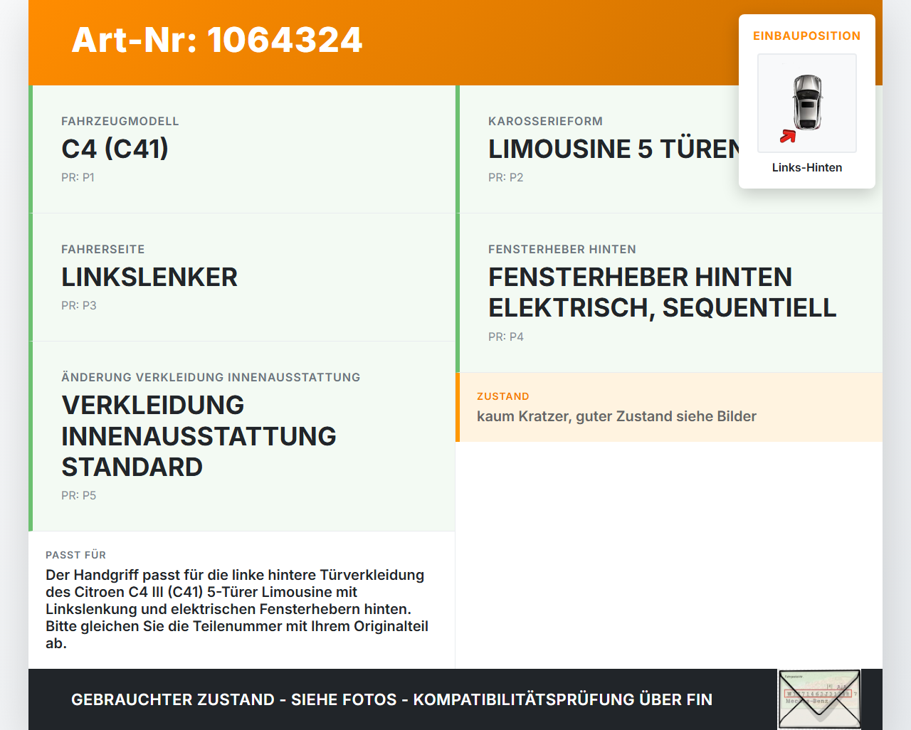 Citroen C4 III 20-24 SchräghLim Handgriff Haltegriff Links Hinten für Türverkleidung Citroen C4 III 20-24... Vorschau 3