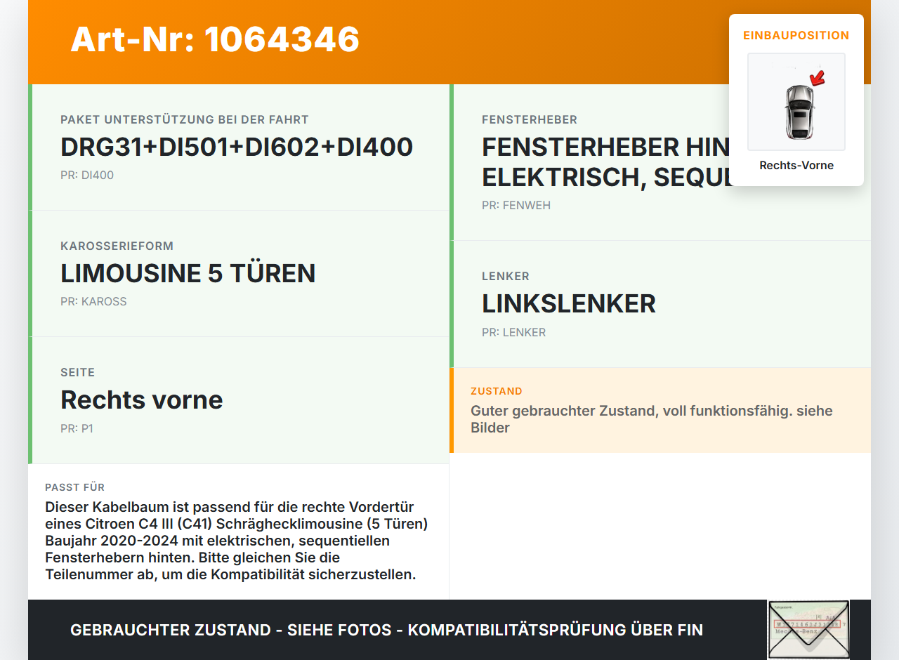 Citroen C4 III 20-24 SchräghLim Kabelbaum für Tür und Fensterheber Rechts Vorne Citroen C4 III 20-24 26.09.2024... Vorschau 3