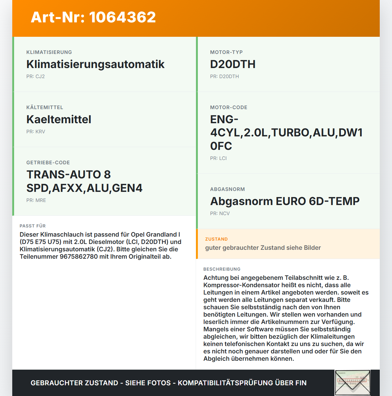 Opel Grandland I 17-21 2,0d 130KW Klimaschlauch Klimaleitung Opel Grandland I 17-21 29.03.2018 9675862780 gebraucht Vorschau 3