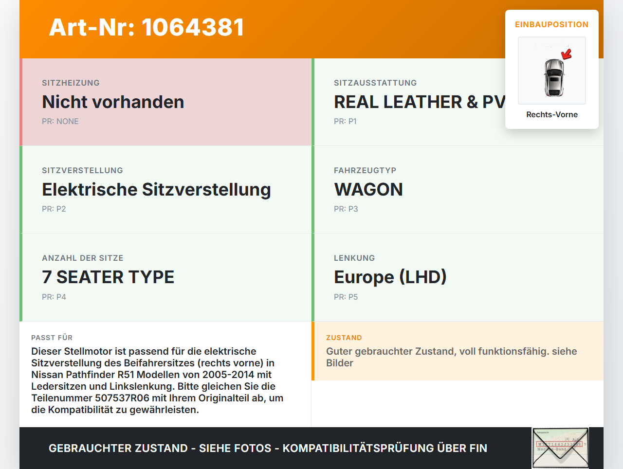 Nissan Pathfinder R51 05-14 Stellmotor für Sitzverstellung Rechts Vorne Nissan Pathfinder R51 05-14 12.08.2005... Vorschau 3