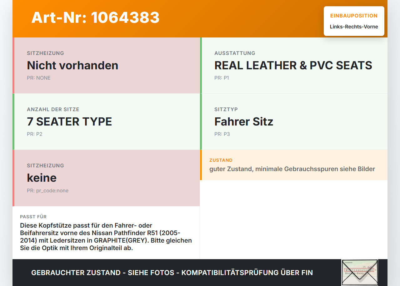 Nissan Pathfinder R51 05-14 Kopfstütze für Fahrer Sitz Rechts oder Links Vorne Nissan Pathfinder R51 05-14... Vorschau 3