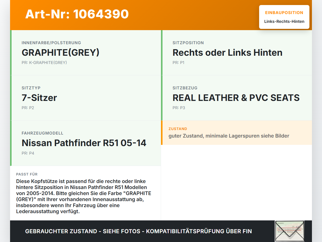 Nissan Pathfinder R51 05-14 Kopfstütze Rechts oder Links Hinten Nissan Pathfinder R51 05-14 12.08.2005 gebraucht Vorschau 3