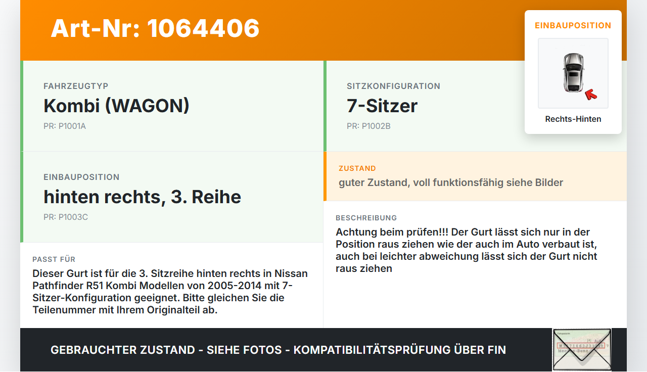 Nissan Pathfinder R51 05-14 Kombi Gurt Sicherheitsgurt Rechts Hinten 3te Reihe Nissan Pathfinder R51 05-14... Vorschau 3