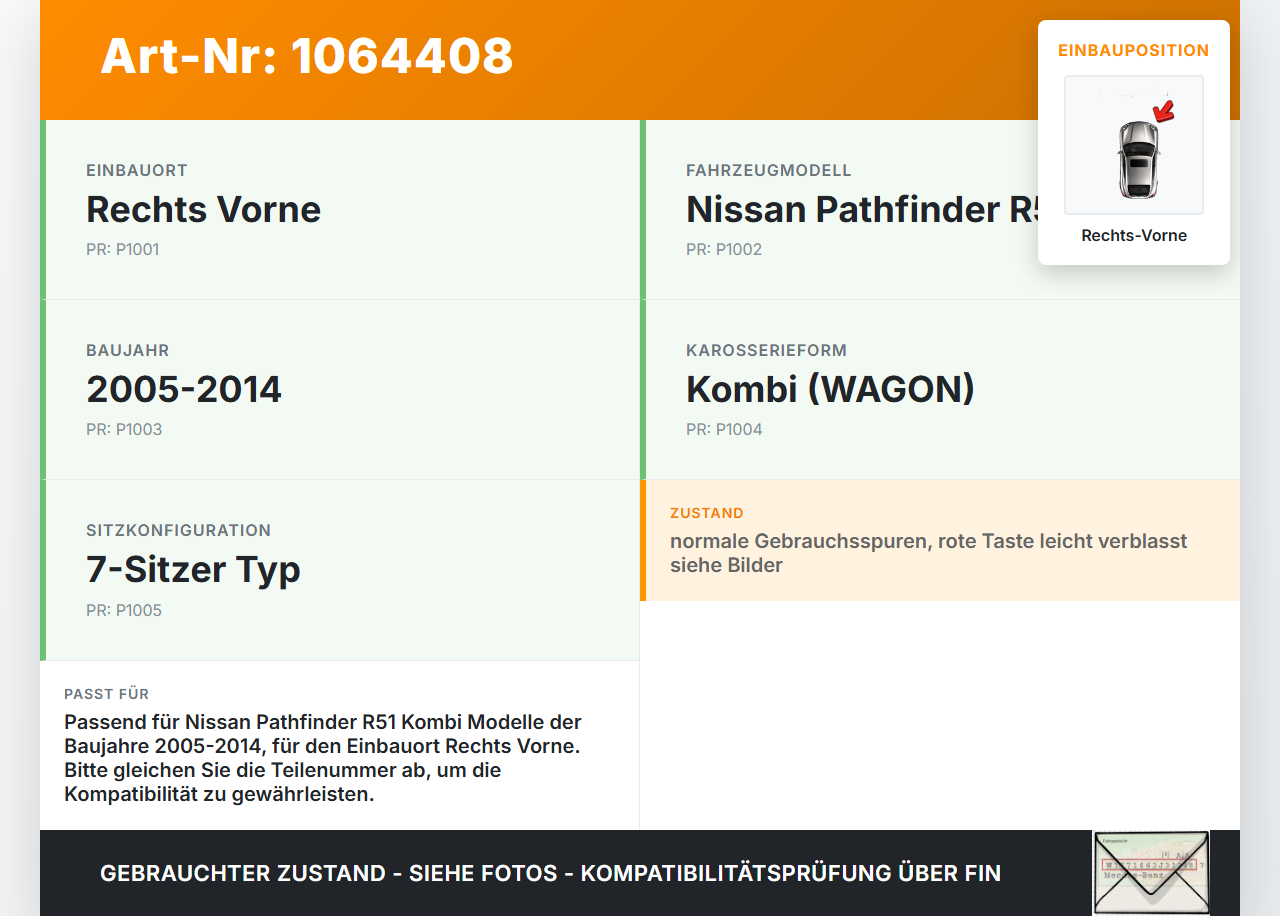 Nissan Pathfinder R51 05-14 Kombi Gurtschloss Rechts Vorne Nissan Pathfinder R51 05-14 12.08.2005 B-480 E034501... Vorschau 3