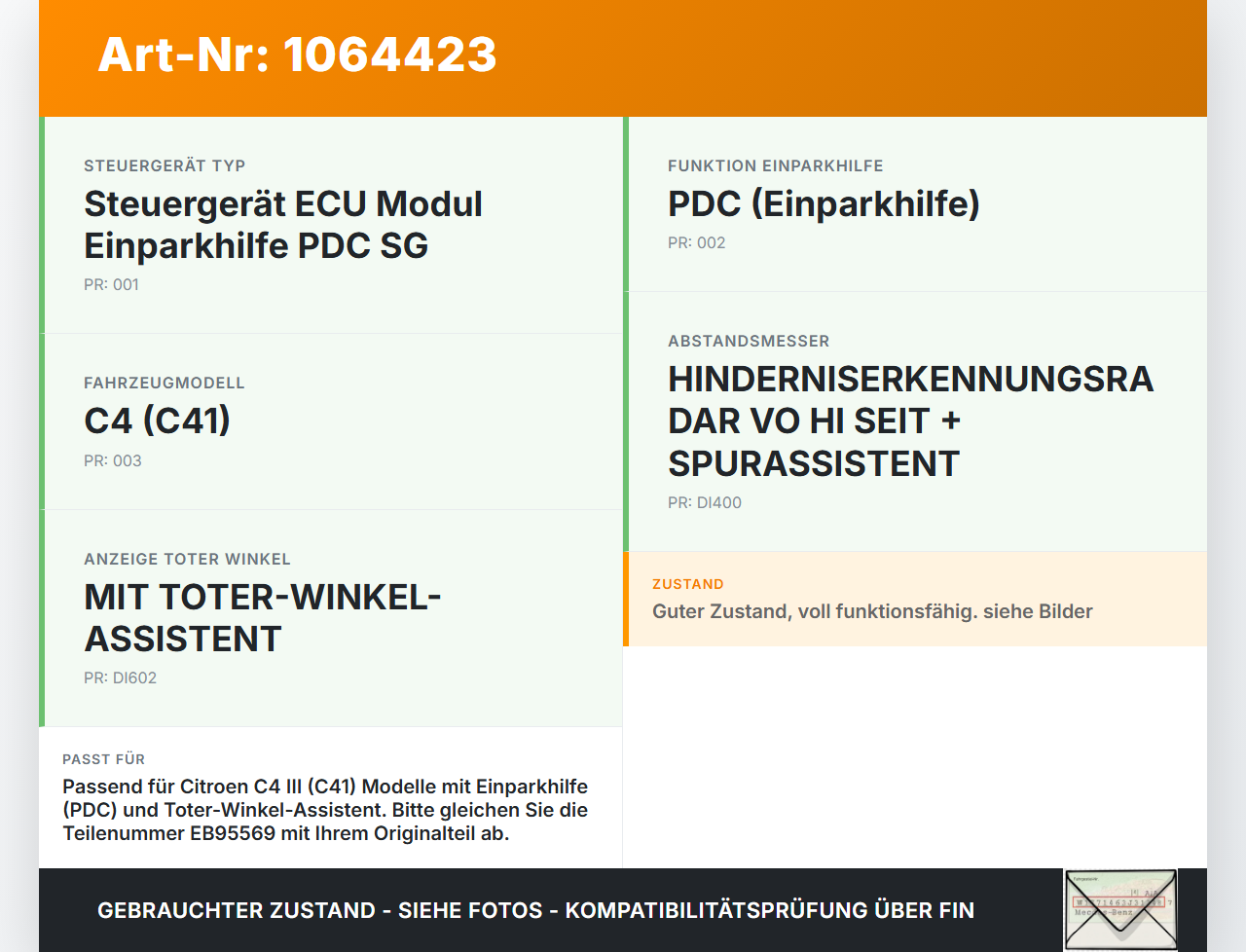 Citroen C4 III 20-24 Steuergerät ECU Modul  Einparkhilfe PDC SG Citroen C4 III 20-24 26.09.2024 9858644480 EB95569... Vorschau 3