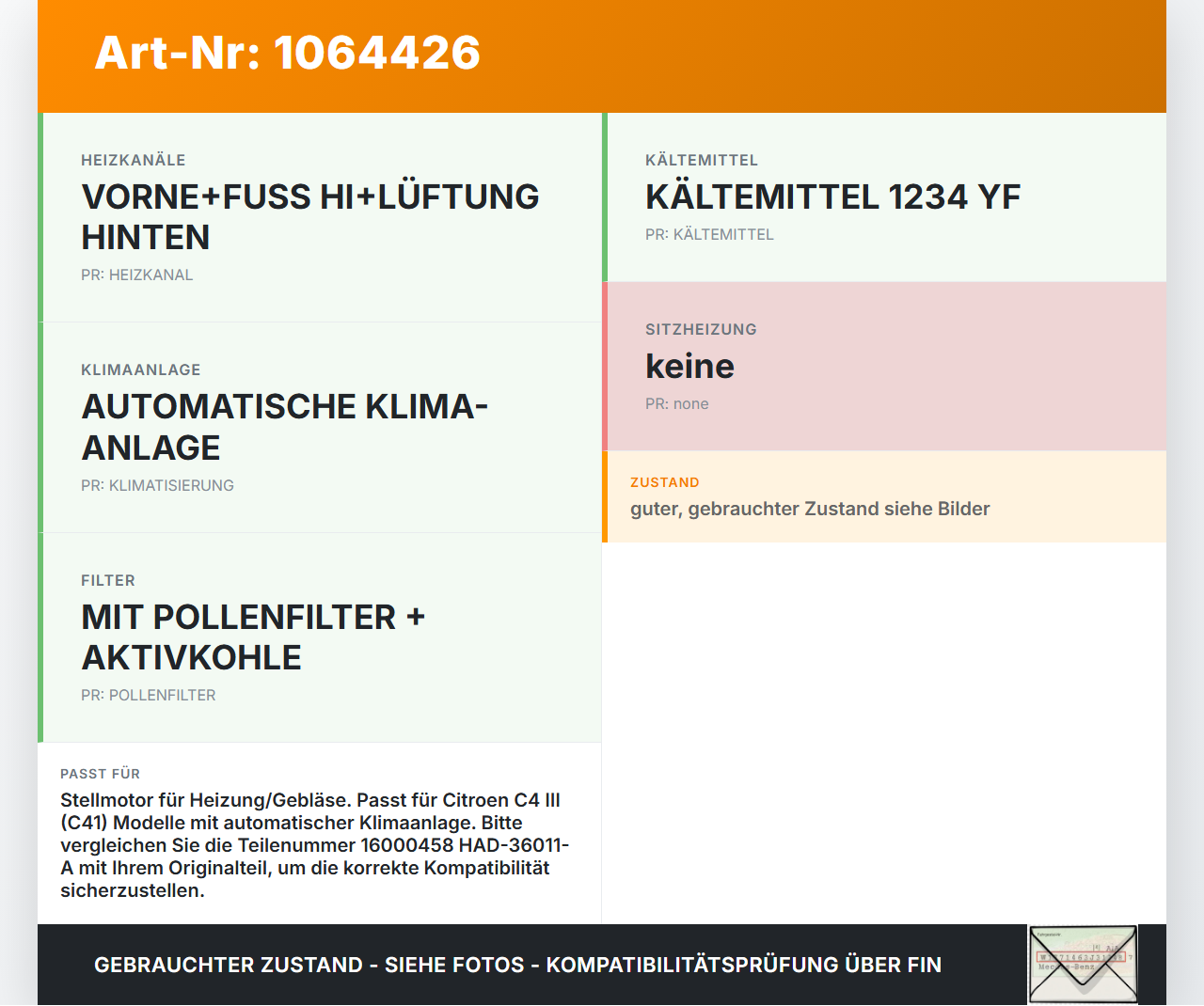 Citroen C4 III 20-24 Stellmotor für Heizung Gebläse Citroen C4 III 20-24 26.09.2024 16000458 HAD-36011-A gebraucht Vorschau 3