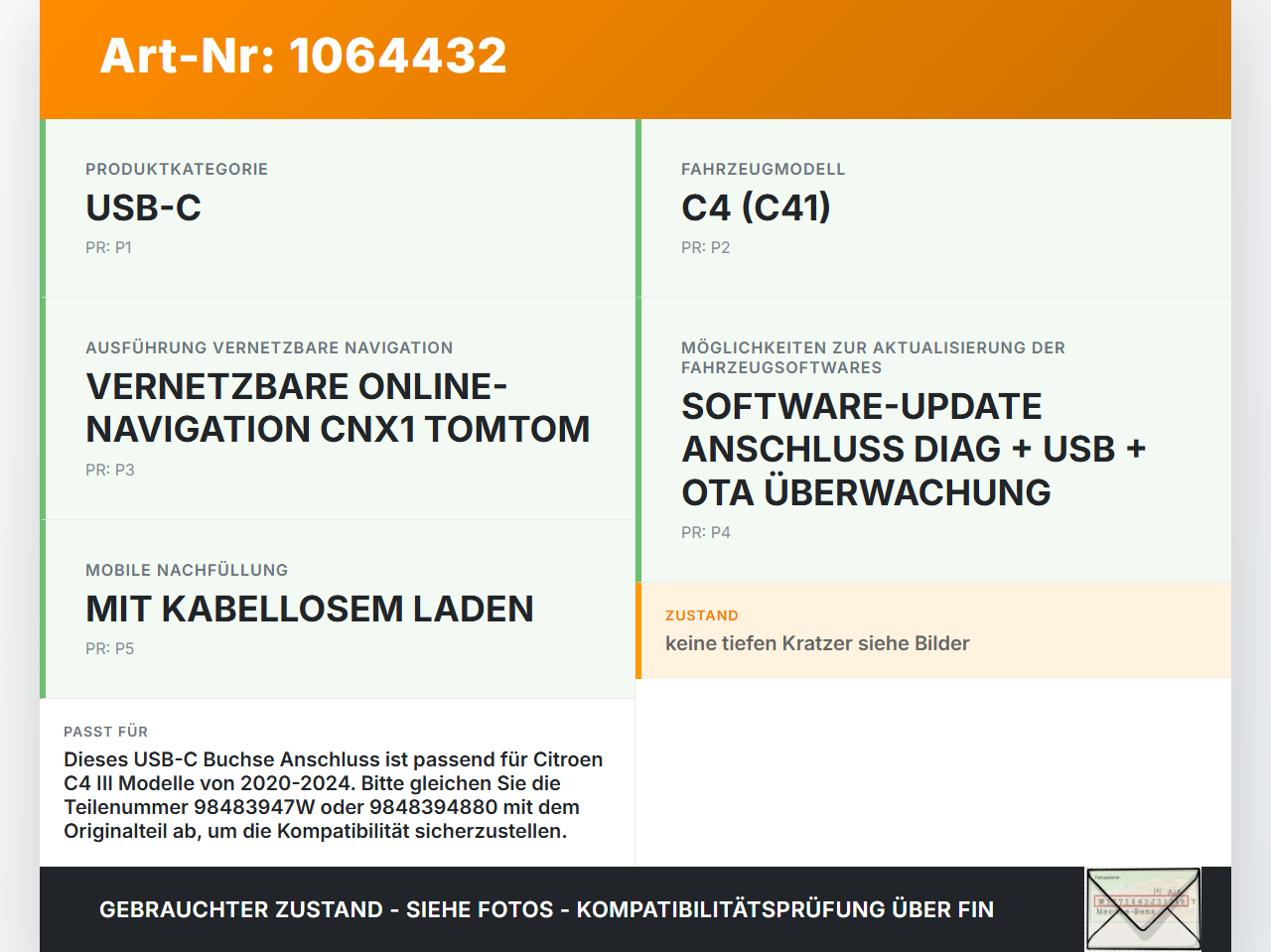 Citroen C4 III 20-24 USB-C Buchse Anschluss Citroen C4 III 20-24 26.09.2024 9848394880 98483947W PLP04-01949 gebraucht Vorschau 3