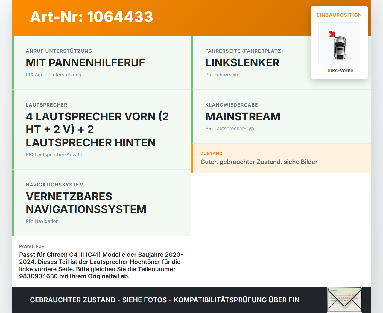 Citroen C4 III 20-24 Lautsprecher Hochtöner Links Vorne Citroen C4 III 20-24 26.09.2024 9830934680 gebraucht Vorschau 3