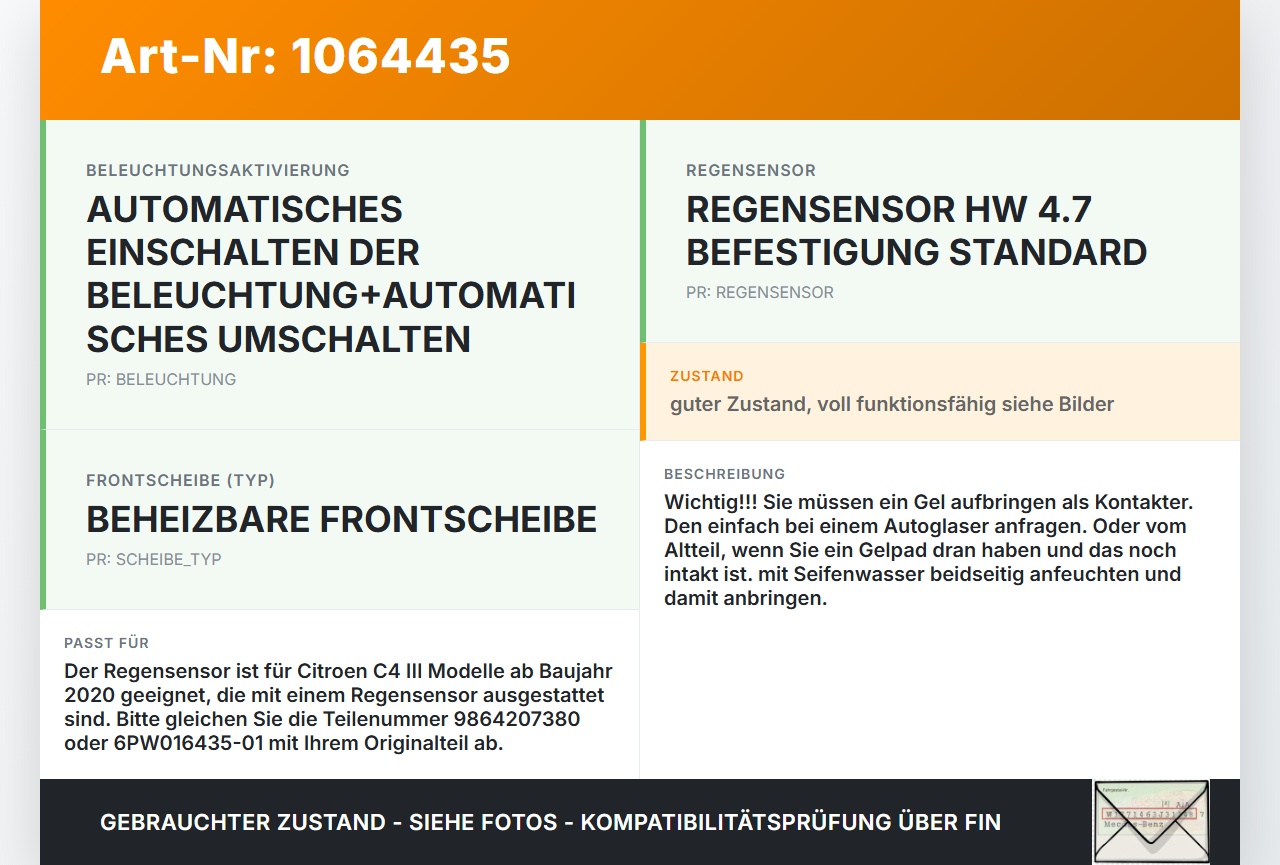 Citroen C4 III 20-24 Regensensor Citroen C4 III 20-24 26.09.2024 9864207380 6PW016435-01 gebraucht Vorschau 3