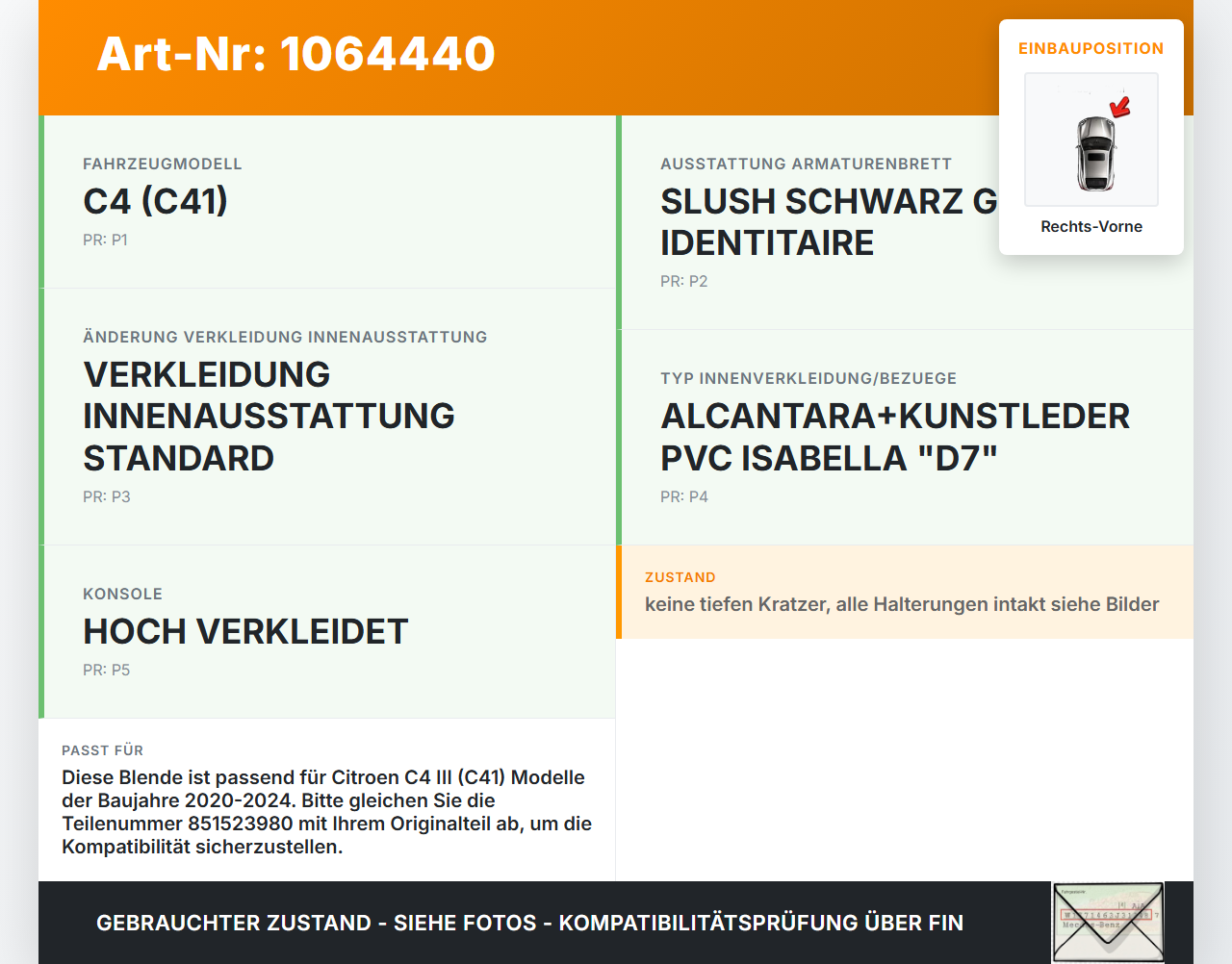 Citroen C4 III 20-24 Blende Innen Auflage Applikation Rechts Vorne Mitte Citroen C4 III 20-24 26.09.2024 851523980... Vorschau 3