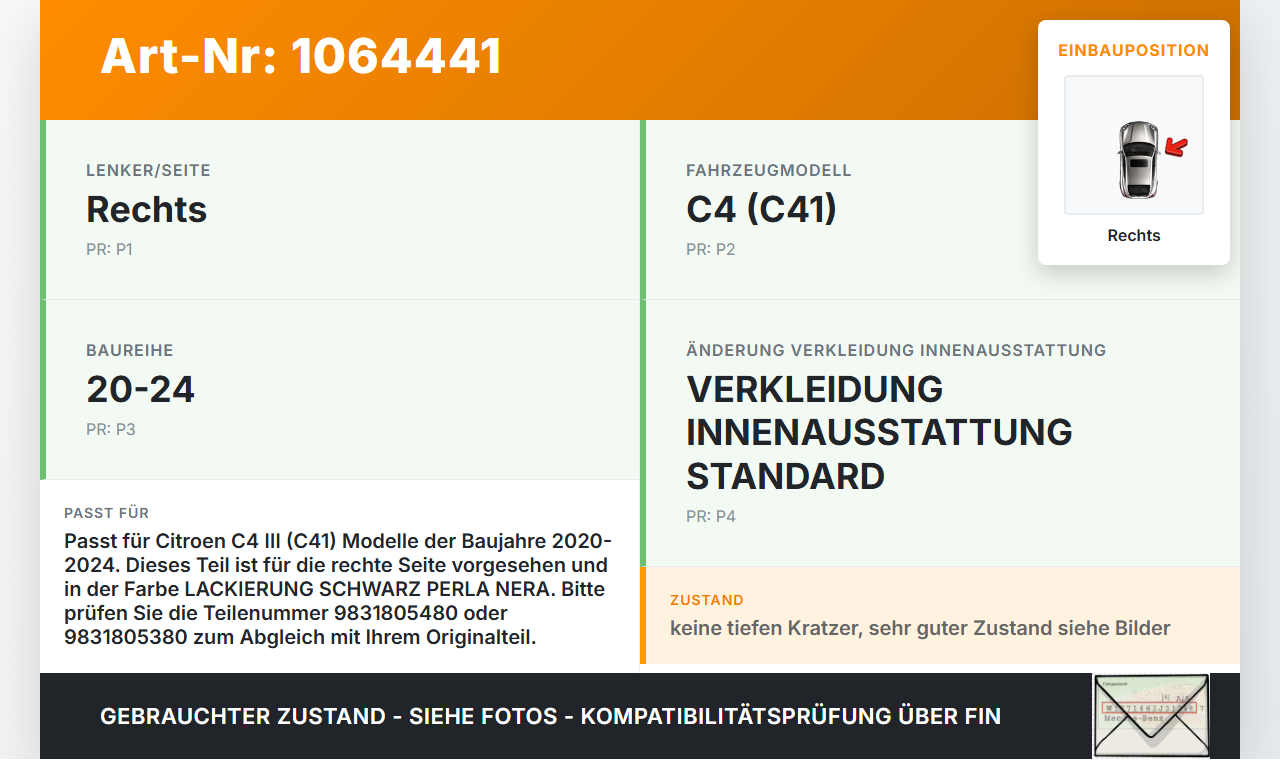 Citroen C4 III 20-24 Luftdusche Luftdüse Rechts Citroen C4 III 20-24 26.09.2024 9831805480 9831805380 gebraucht Vorschau 3