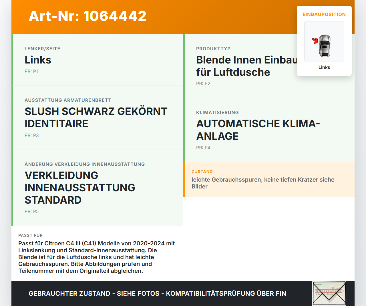 Citroen C4 III 20-24 Blende Innen Einbaurahmen für Luftdusche Links Citroen C4 III 20-24 26.09.2024 gebraucht Vorschau 3