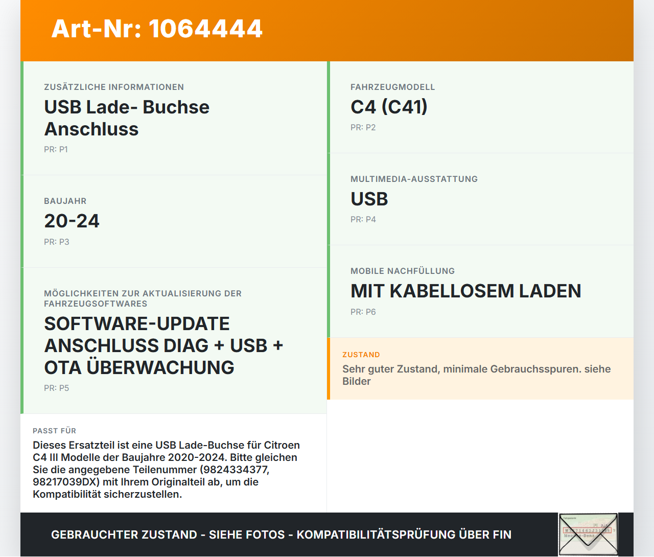 Citroen C4 III 20-24 USB Lade- Buchse Anschluss Citroen C4 III 20-24 26.09.2024 98217039DX 9824334377 PLP01A-06728... Vorschau 3