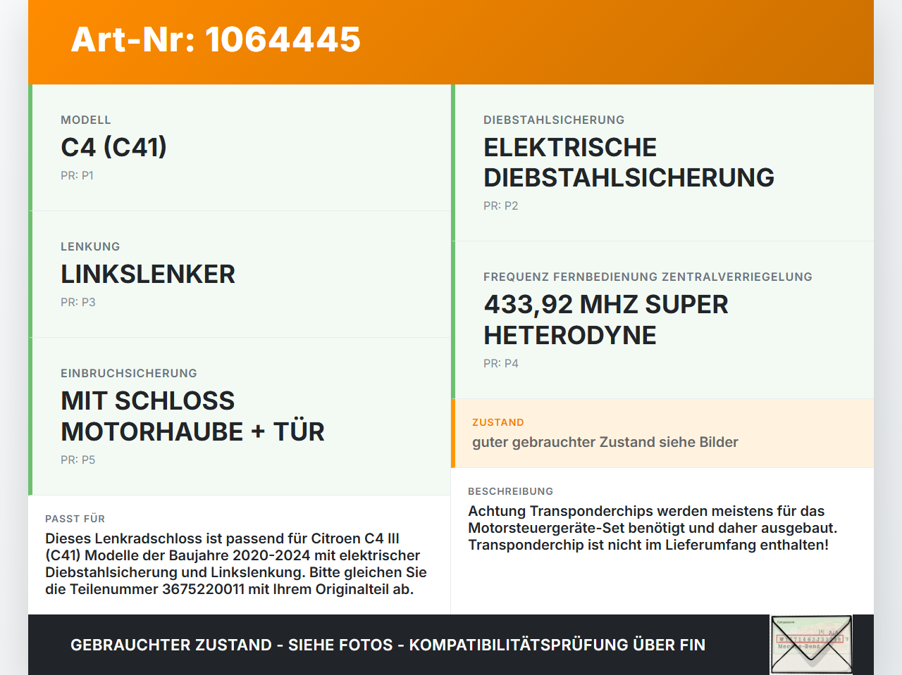 Citroen C4 III 20-24 Lenkradschloss Lenkradriegel Wegfahrsperre Citroen C4 III 20-24 26.09.2024 9831615780... Vorschau 3