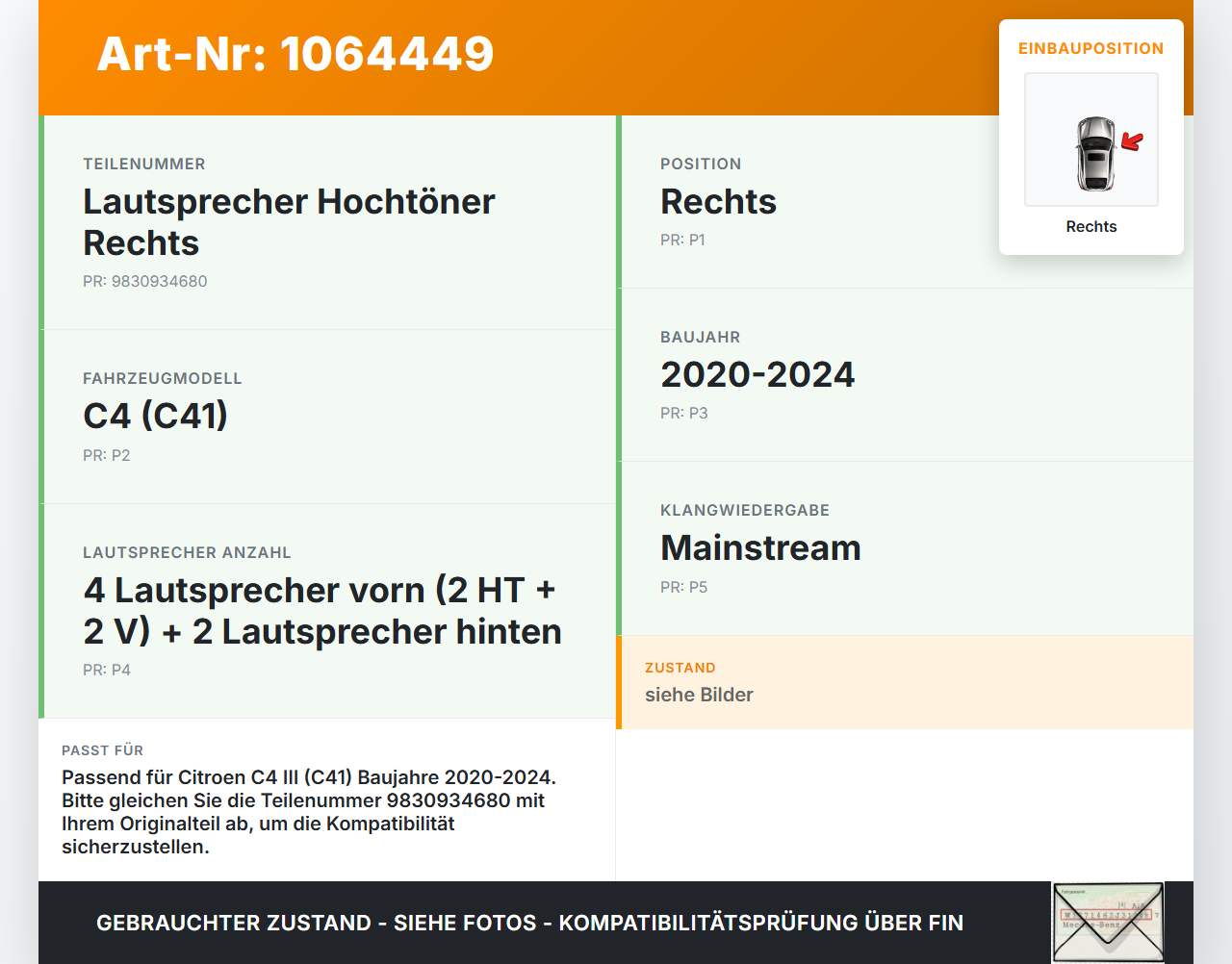 Citroen C4 III 20-24 Lautsprecher Hochtöner Rechts Citroen C4 III 20-24 26.09.2024 9830934680 gebraucht Vorschau 3