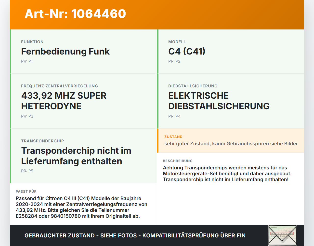 Citroen C4 III 20-24 Fernbedienung Funk Funkschlüssel Citroen C4 III 20-24 26.09.2024 9840150780 E258284 gebraucht Vorschau 3